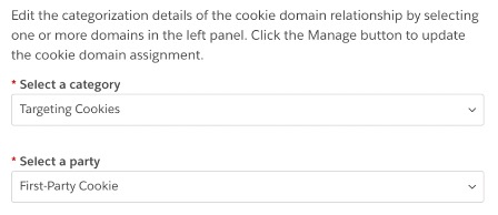 En la pestaña Categorización, un modal que muestra desplegables para seleccionar una categoría de cookie y una parte de cookie