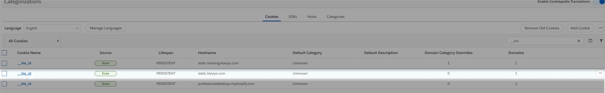 Na página Categorizations, a opção de cookie __kla_id é destacada em uma exibição de lista