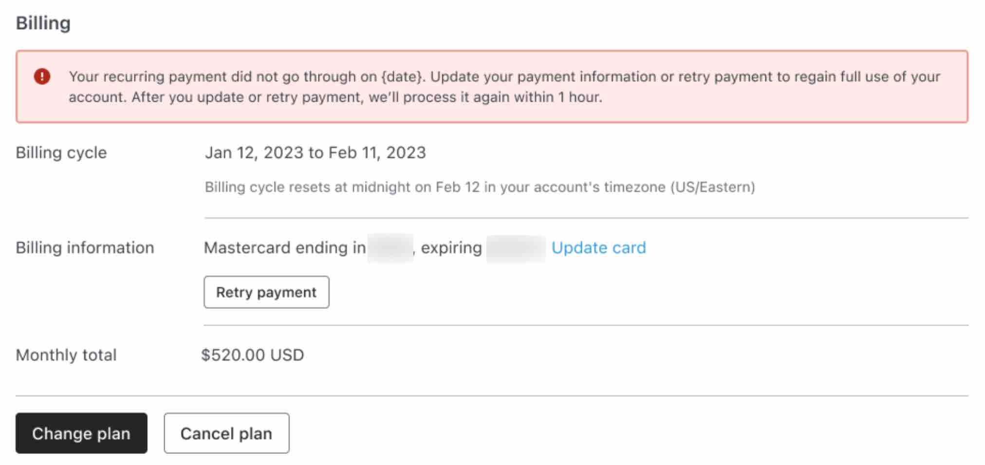 Retry button on the billing overview page