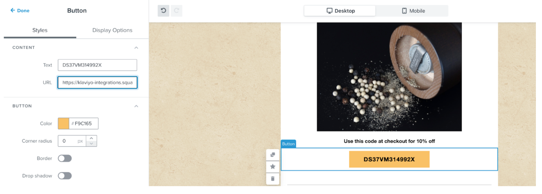 Template builder in Klaviyo showing a coupon code added to a button