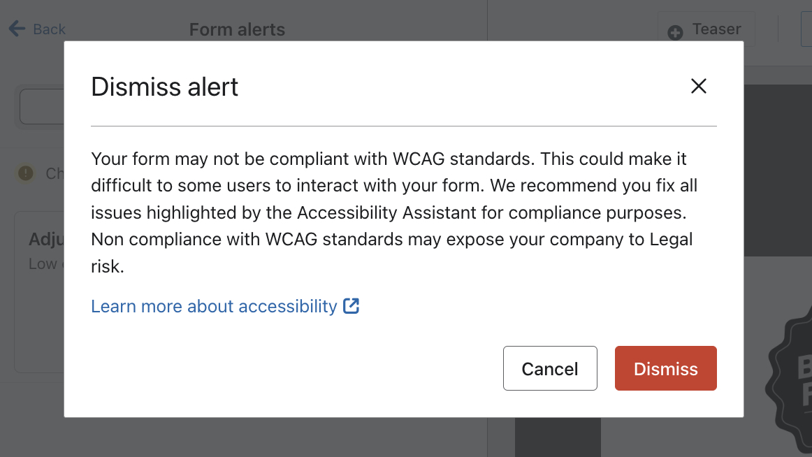 O modal de alerta Dismiss que aparece quando o senhor descarta um problema de acessibilidade na guia Alertas do Gorm.