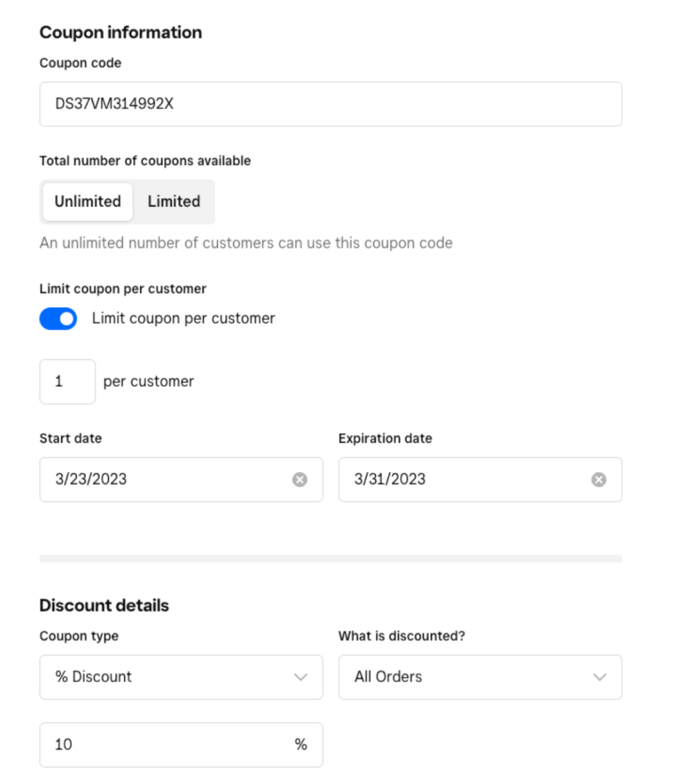 Configurações de cupom no Square, incluindo código de cupom, tipo, etc.