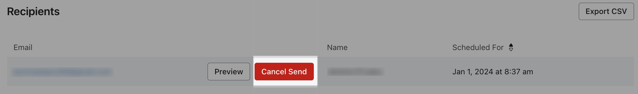 Hovering over a recipient email with Cancel Send button highlighted