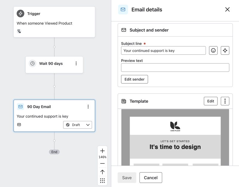 Email editor with fields for From Label, Reply-To Email, and subject line