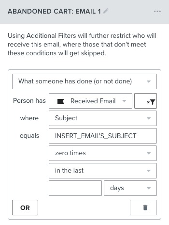 Filtro di flusso configurato per filtrare le persone che non hanno ricevuto un'e-mail con un oggetto specifico in un determinato numero di giorni.