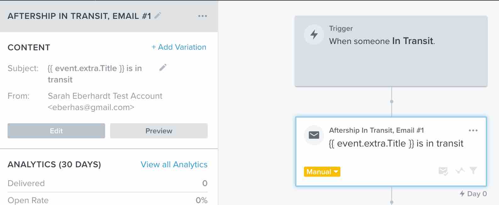 Klaviyo flow builder with flow email highlighted titled AfterShip in Transit Email #1