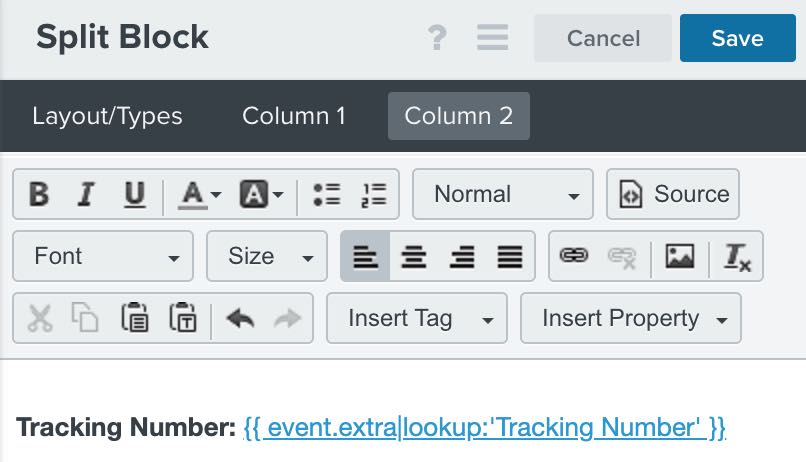 Text box settings in template builder with tracking number variable linked