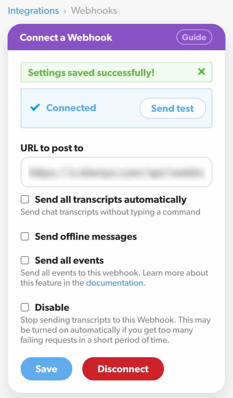 Connect a Webhook box in Olark with green Settings saved successfully banner and blue Connected banner with send text with white background