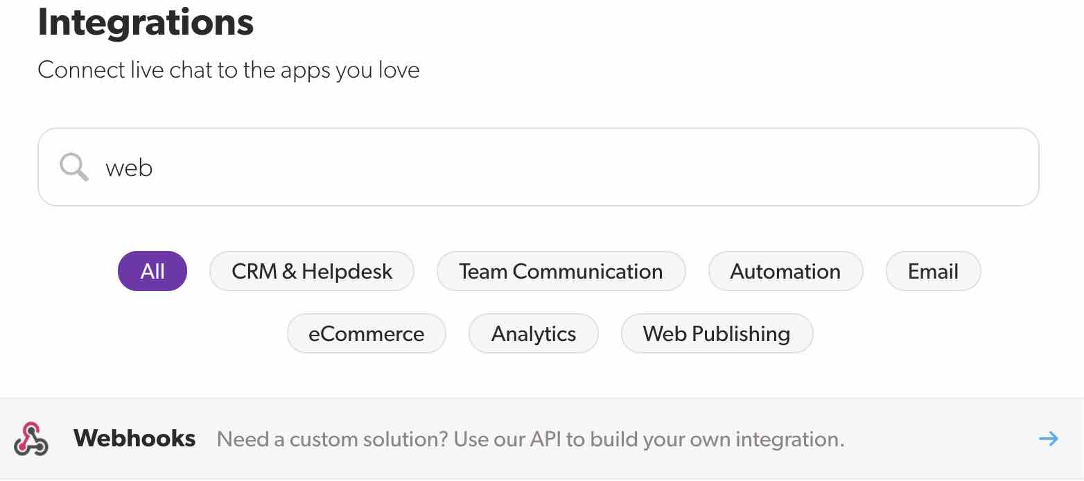 Page des intégrations dans Olark avec web dans la barre de recherche et Webhooks dans les résultats de recherche