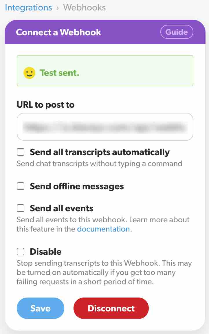 Connecter une boîte Webhook dans Olark avec la bannière verte Sent test avec smiley