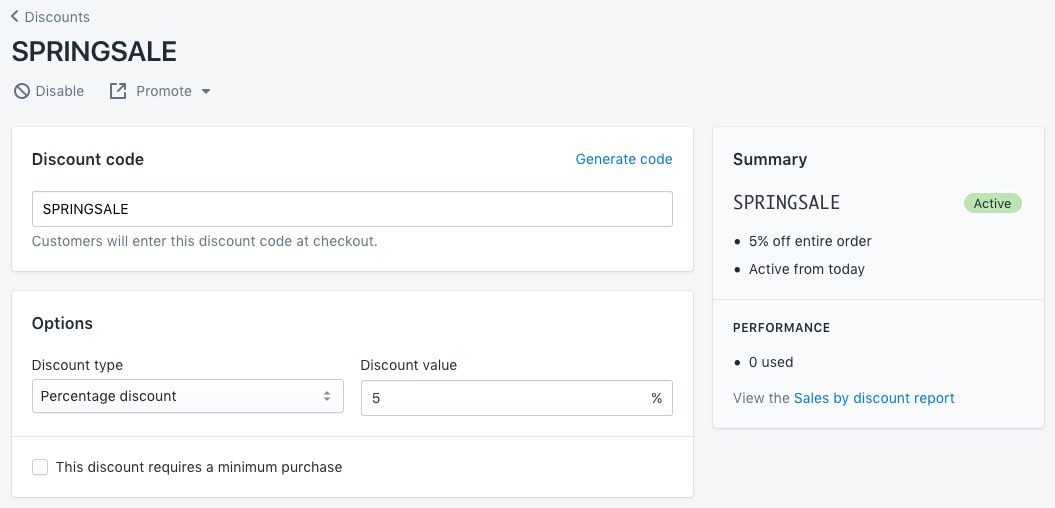 Página de descuentos en Shopify para la tienda SPRINGSALE mostrando el código de descuento, el tipo y valor del descuento y el resumen.