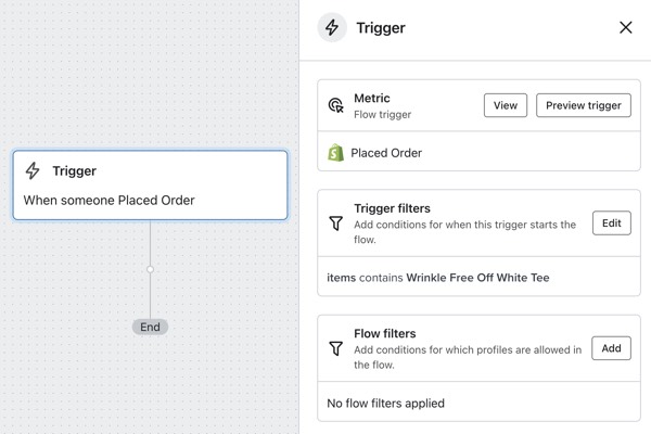 Ejemplo de activador que utiliza la métrica Pedido realizado y un filtro de activador con la configuración 'Y los artículos contienen Camiseta blanca sin arrugas'