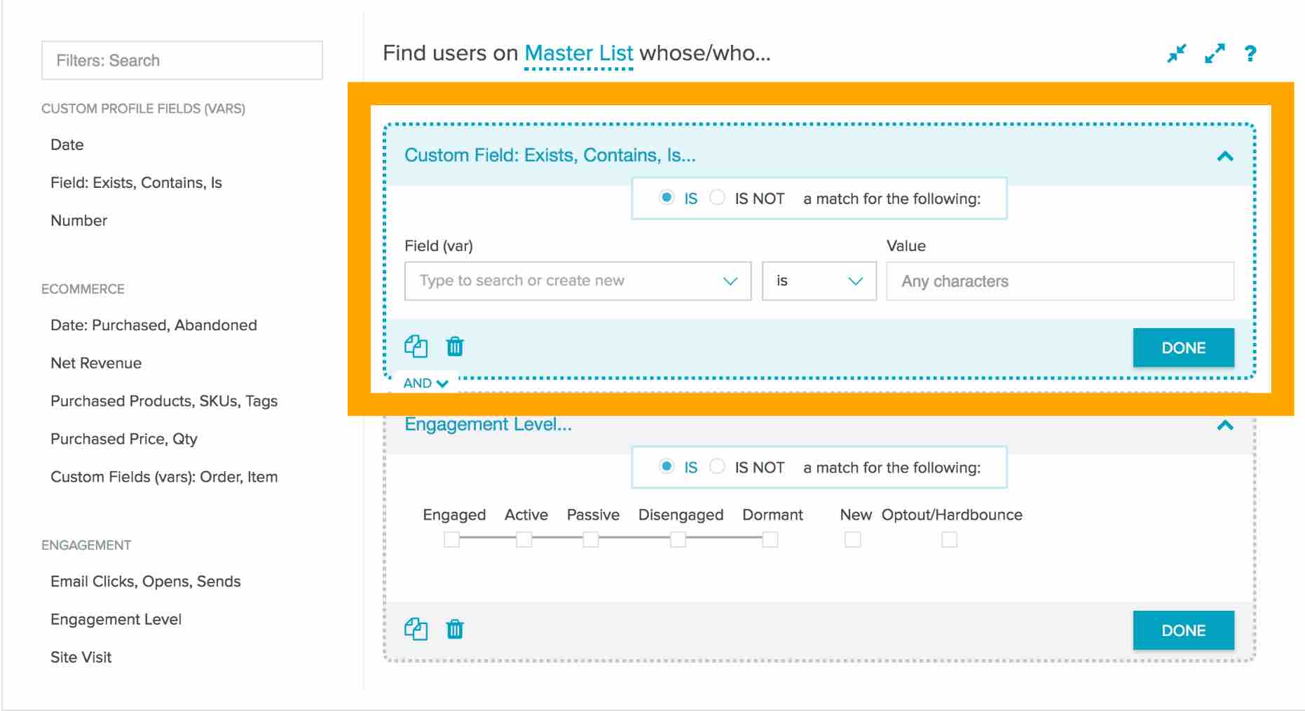 Custom field definition outlined in orange