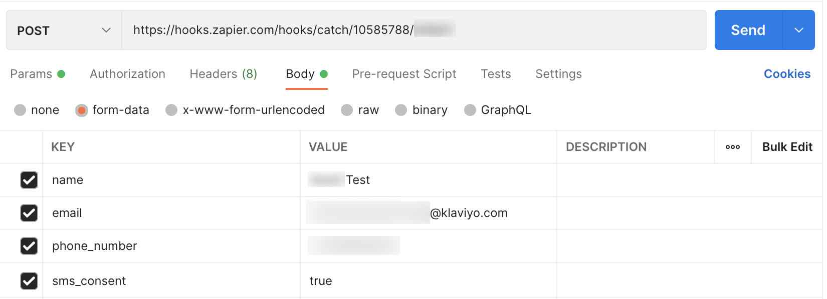 Configuração do corpo de dados do formulário Postman para nome, e-mail, número de telefone e consentimento por SMS