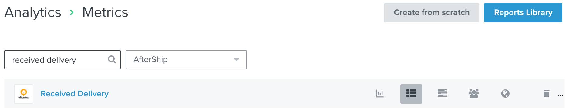 Metrics tab in Klaviyo filtered by AfterShip with Received Delivery in list