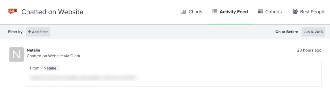 Klaviyo activity feed for Chatted on Website event showing one timestamped event for Natalie
