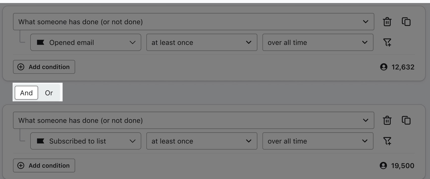 AND vs OR toggle in segment builder