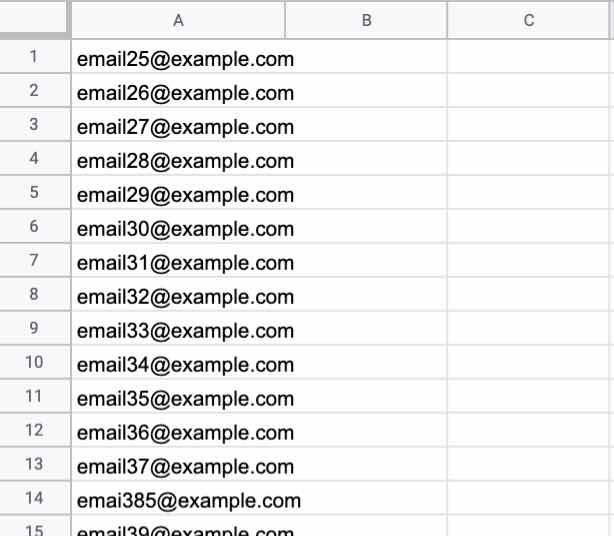 Spreadsheet of sample email addresses