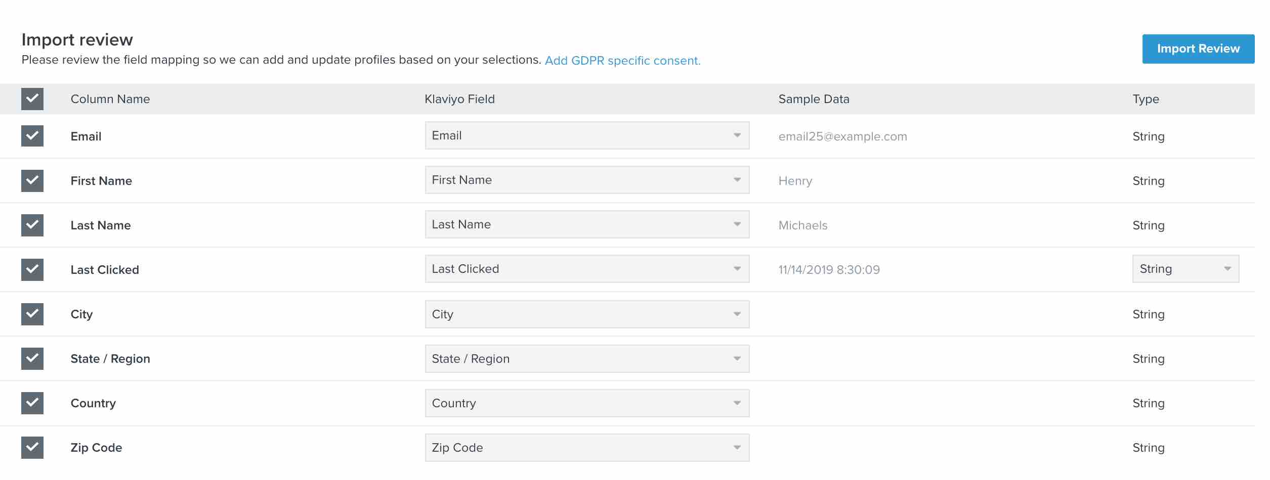 Import review page with all fields mapped