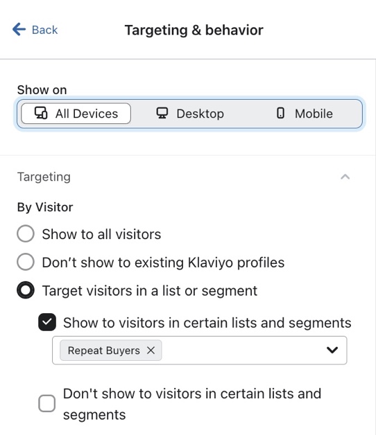 Option to target a list or segment with forms