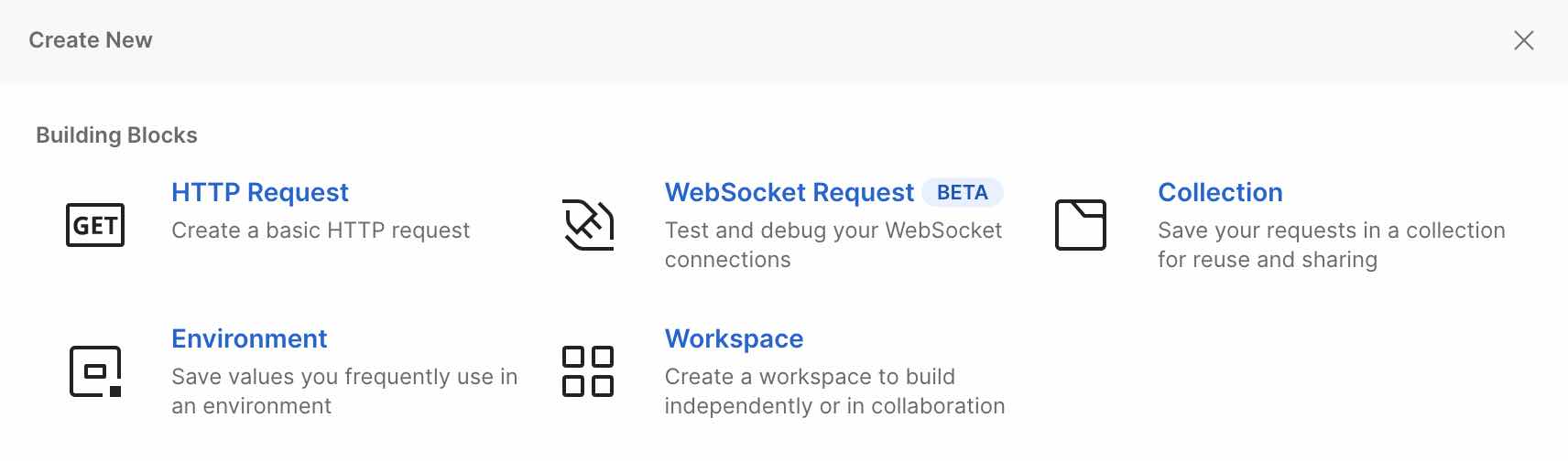 Postman’s Create New request menu, showing HTTP Request under the Building Blocks section