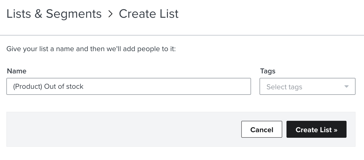 The Create List page in Klaviyo with a new list called (Product) Back in stock being created.