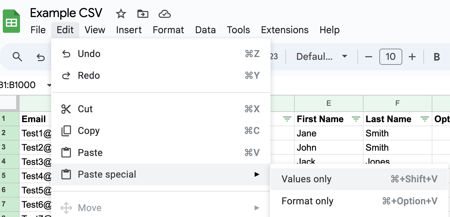 Paste special options when Values Only is highlighted