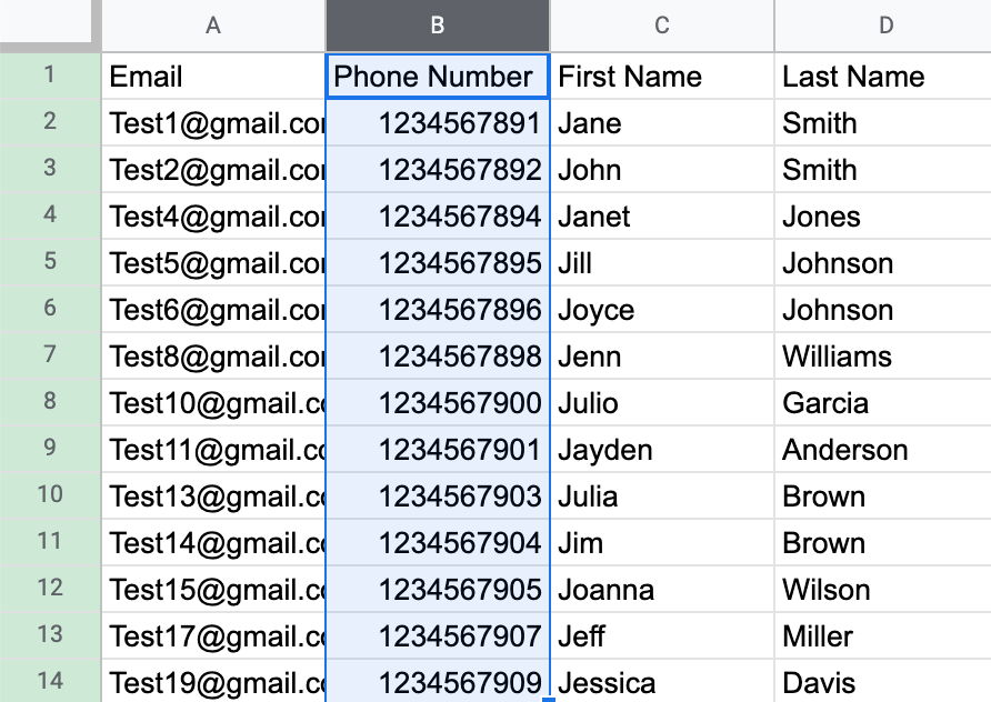 Evidenziare la colonna del numero di telefono in un CSV