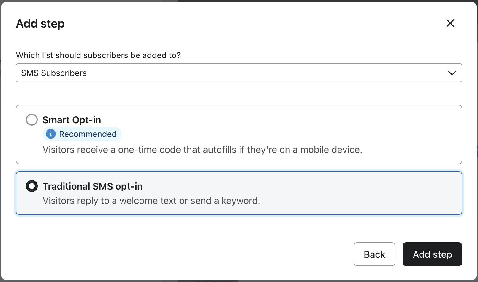 The Add step menu open with an example subscriber list selected and the option for Traditional SMS opt-in selected.