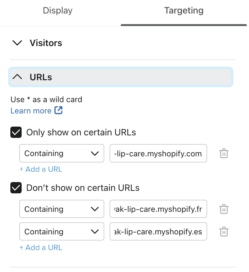 The URLs section of the targeting menu highlighted and showing an example definiton.