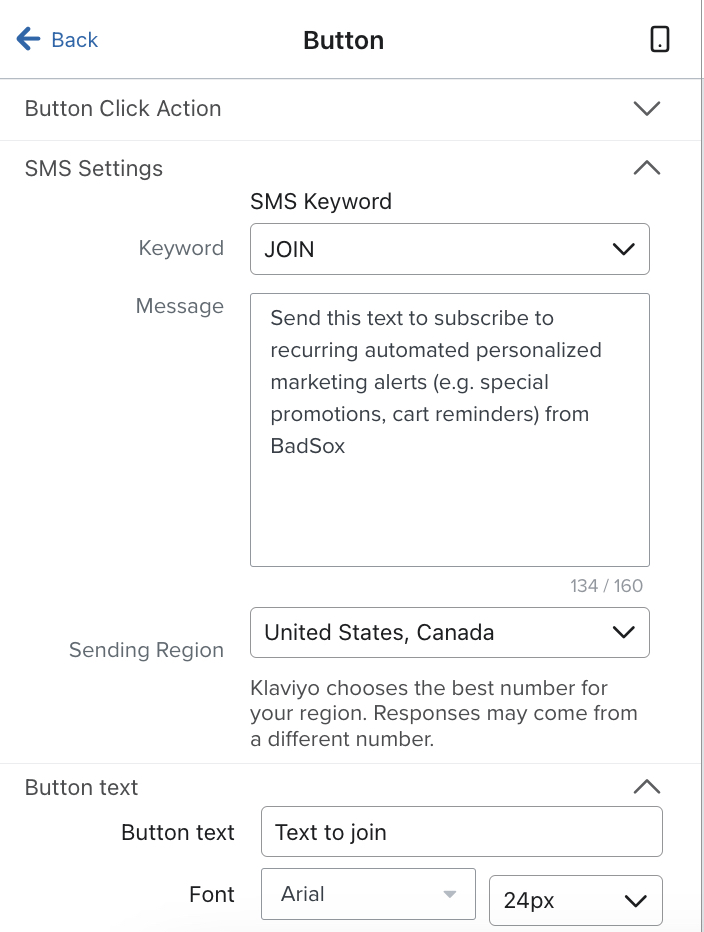 Se abre el menú Botón para el botón de envío de SMS de un formulario de ejemplo, donde puede editar la palabra clave, el mensaje, la región de envío y el texto del botón.