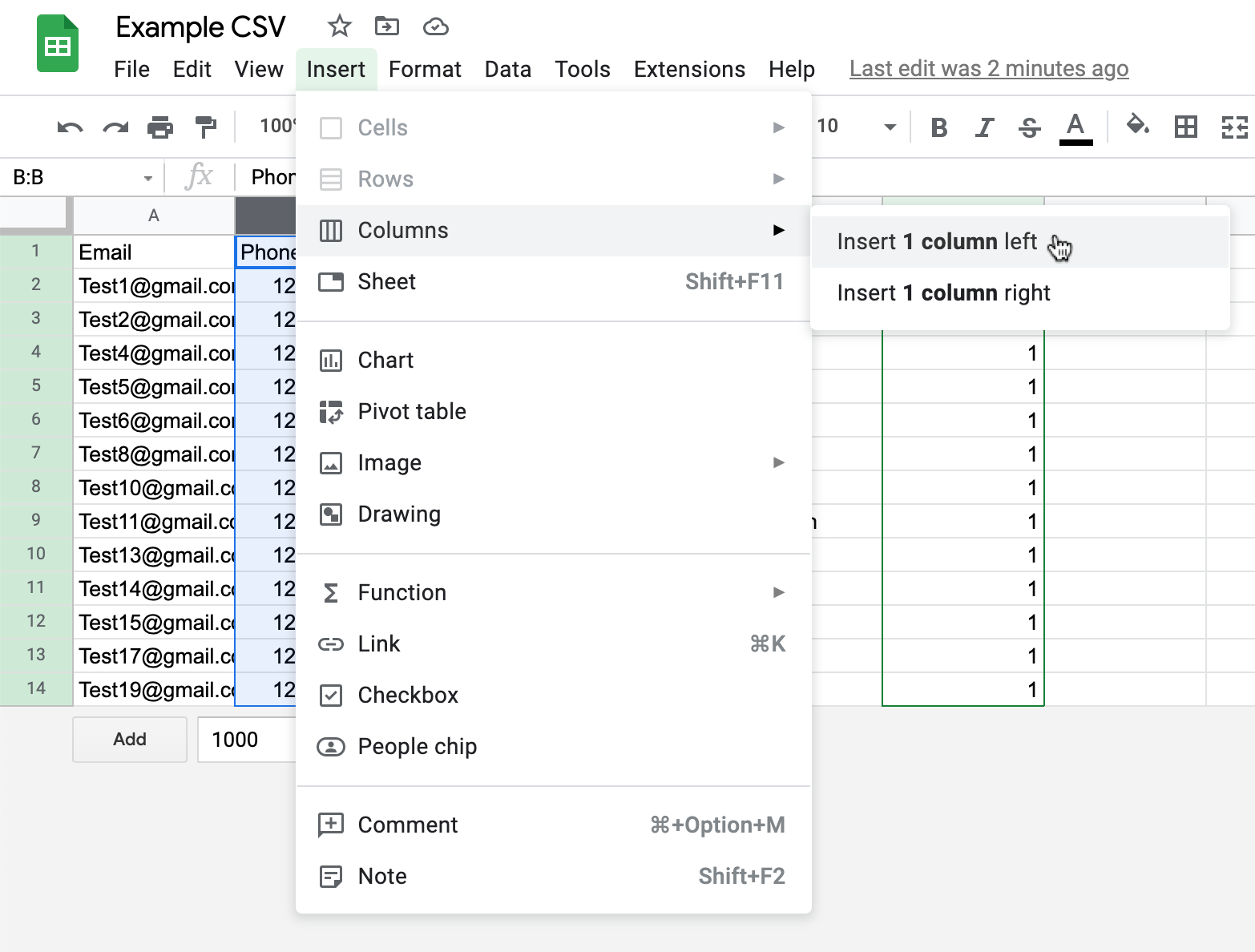 Option to insert 1 column to the left of the highlighted column