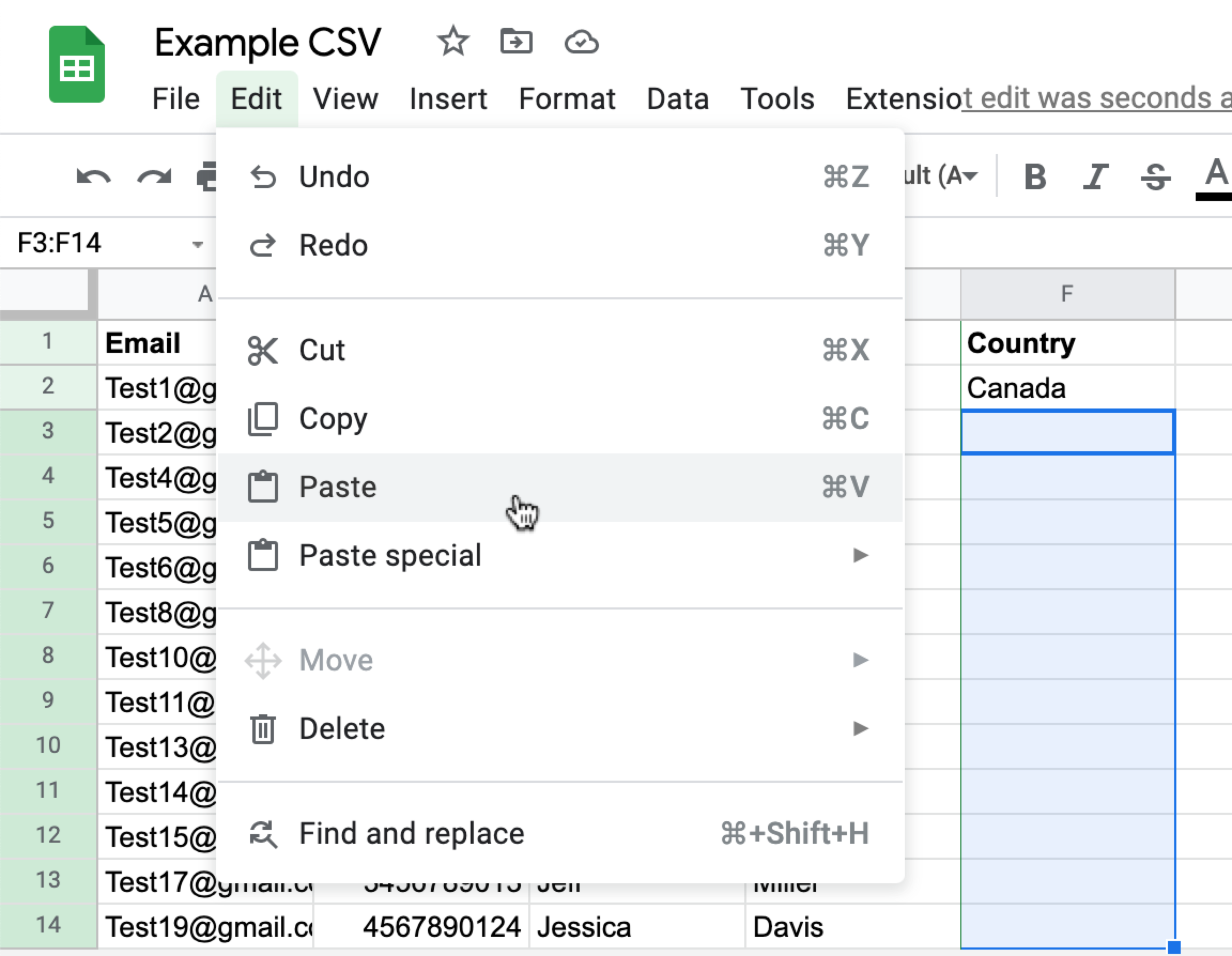 Option for pasting the country's name in highlighted cells