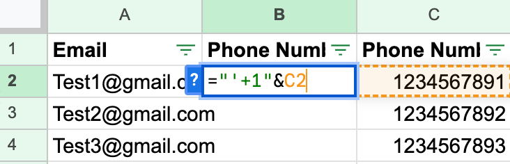 Añadiendo una fórmula para combinar un apóstrofo, el signo más y el prefijo del país con el número de teléfono