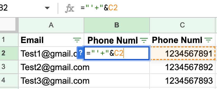 Inserção de uma fórmula para adicionar um apóstrofo e um sinal de mais antes do número de telefone