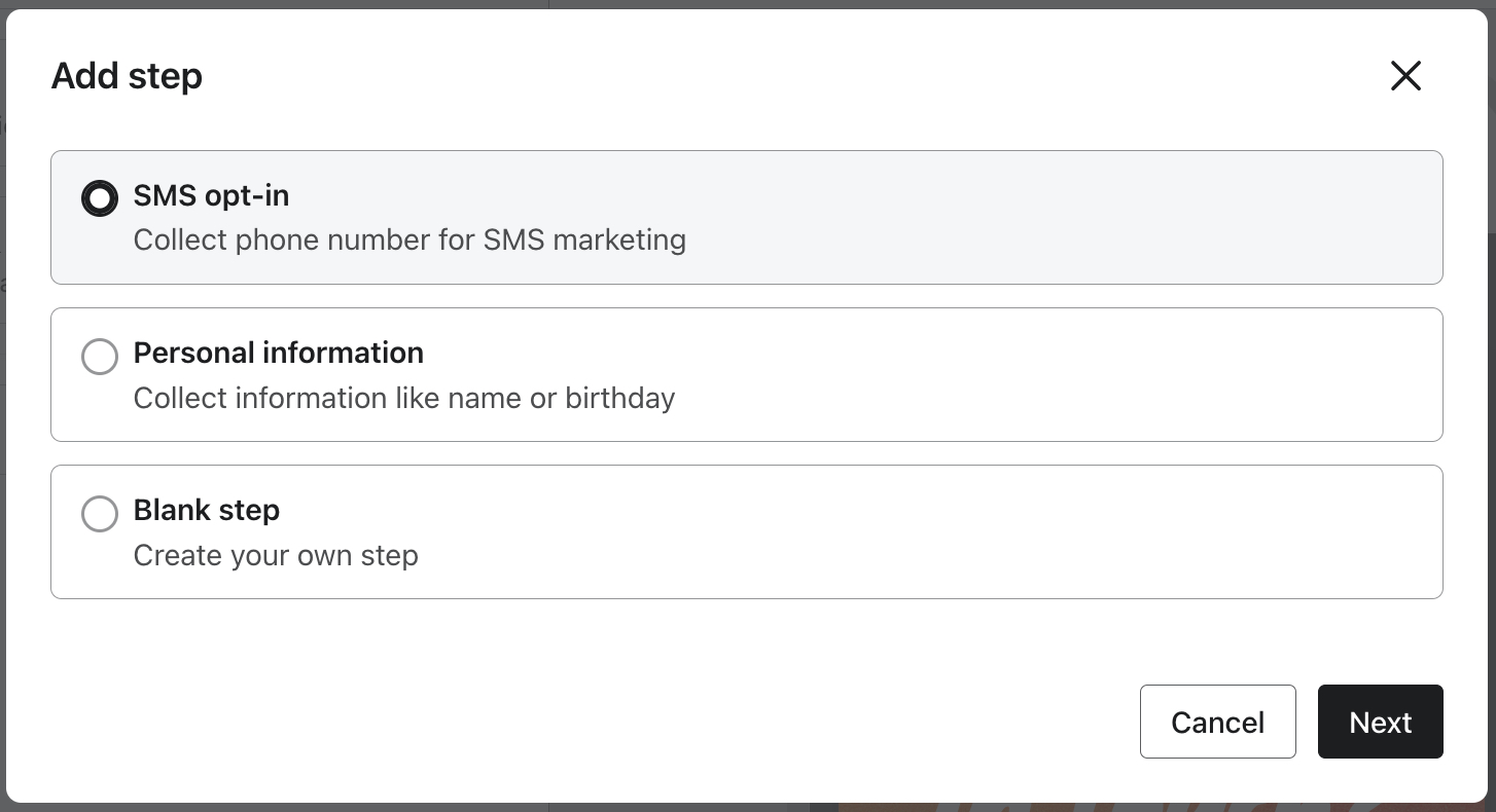 The Add step menu open and the SMS opt-in option selected.