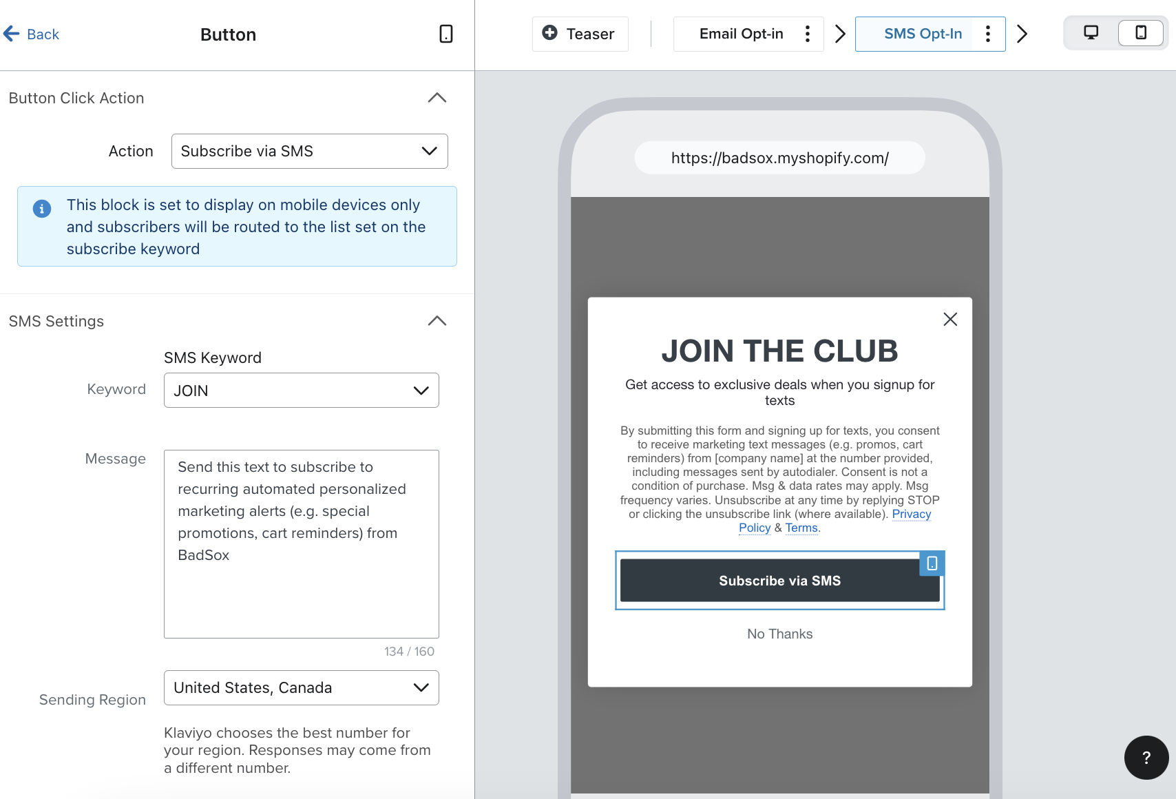 Le bouton de validation de l’étape d’opt-in pour les SMS est sélectionné dans l’aperçu du formulaire. Son menu s’ouvre pour permettre de modifier l’action, le mot-clé, le message et la région d’envoi.