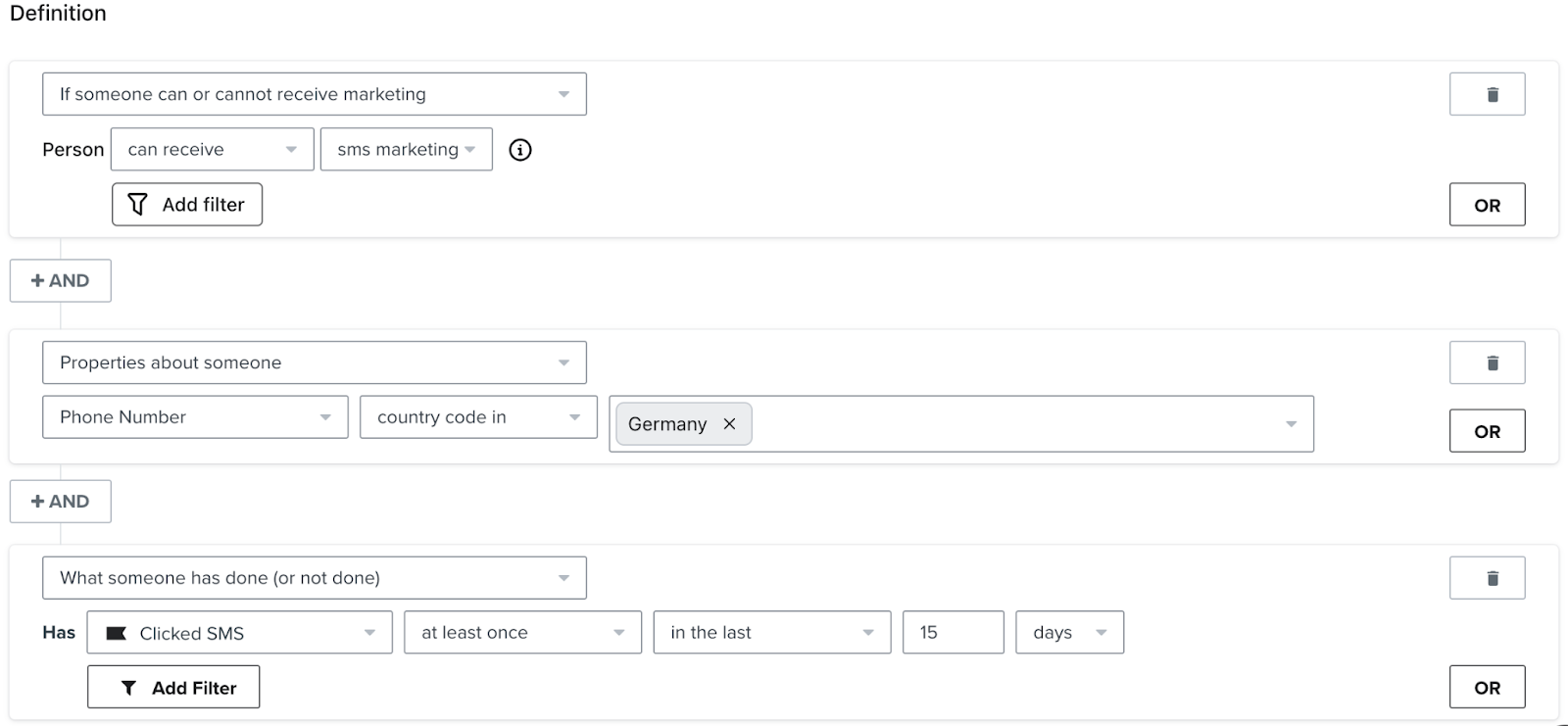 Simple segment example of engaged German SMS subscribers