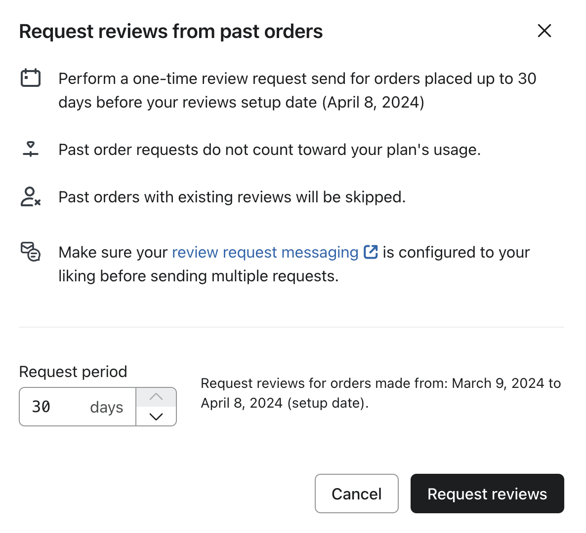 Collect reviews from past orders settings