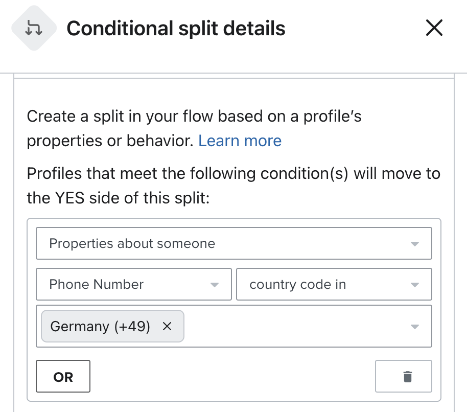 Conditional split to send those with a German country code down a different flow path