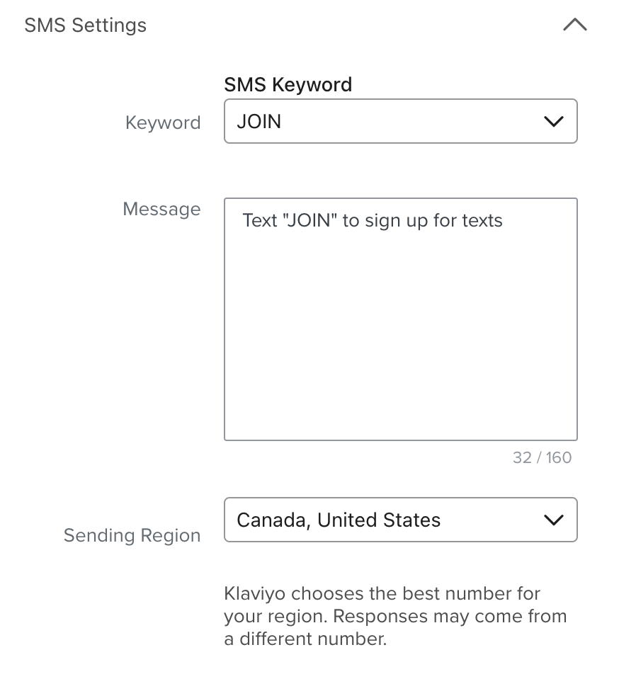 Choosing Canada and the United States as the sending region for a tap-to-text
    form