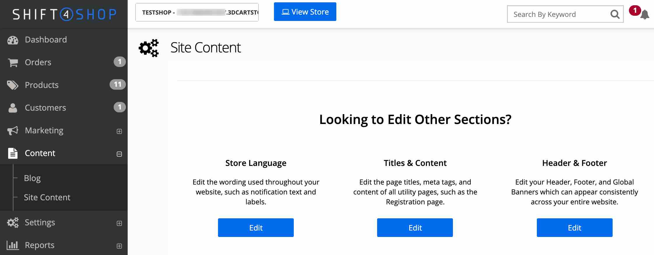 Site Content page in Shift4Shop with Edit with blue background under Header and Footer
