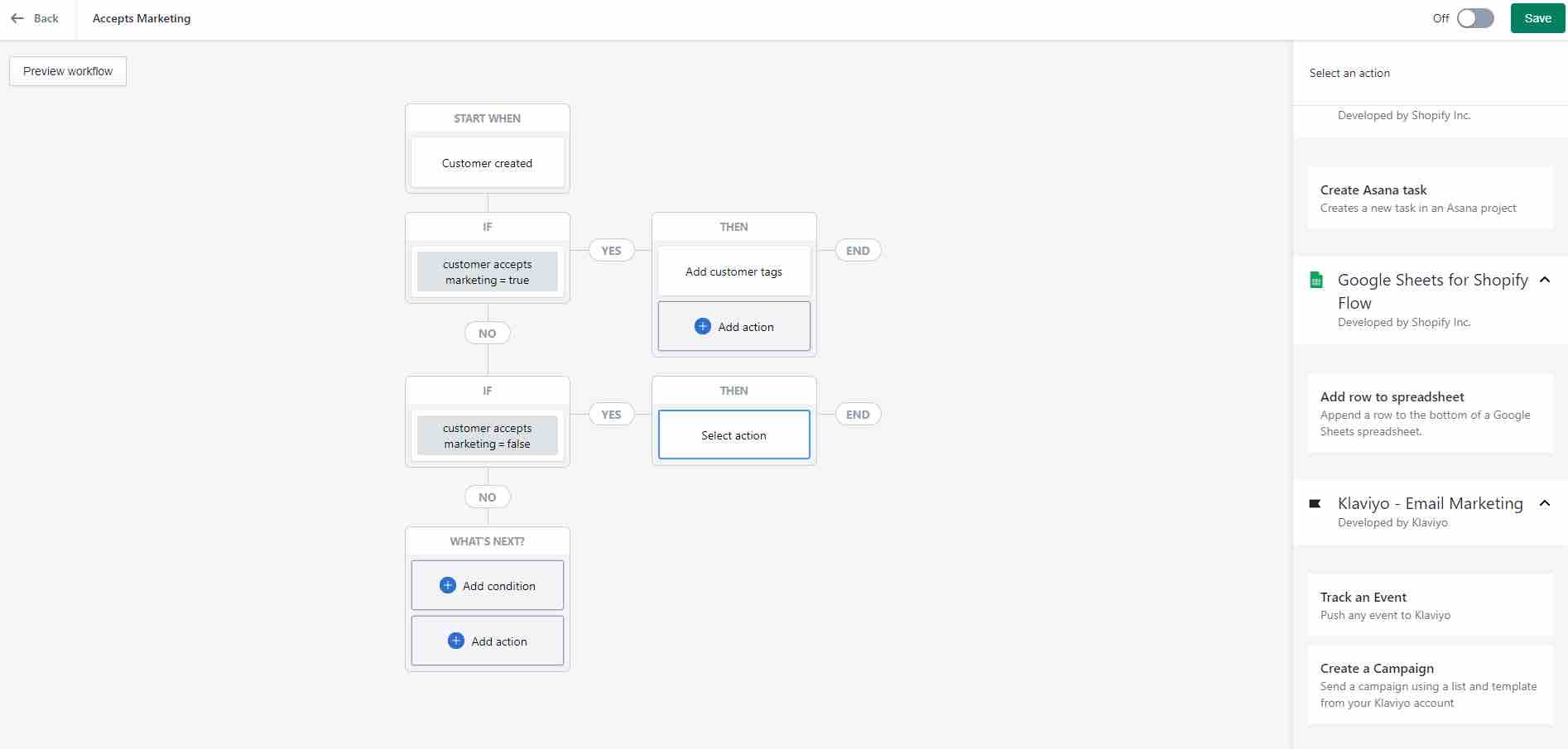 Ejemplo de flujo de trabajo en Shopify Flow utilizando el Conector Klaviyo con una casilla Seleccionar acción delineada en azul