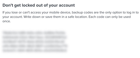 Example of the section with backup codes, which should be kept somewhere you can access later