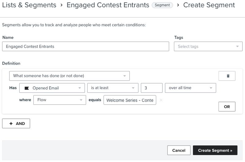 Exemplo de configuração para um segmento de participantes de concurso engajados.