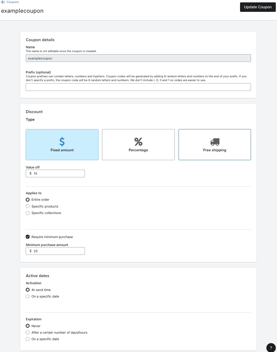 The Coupon Details menu for an example coupon where you can configure the name, prefix, discount type, application, and expiration specifics.