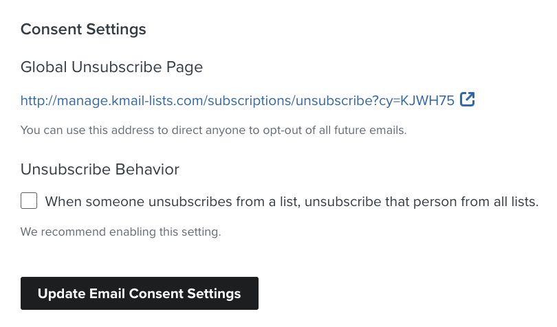 Other consent section with the link to the global unsubscribe page