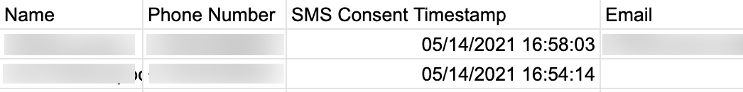 Spreadsheet of contacts with SMS consent timestamp