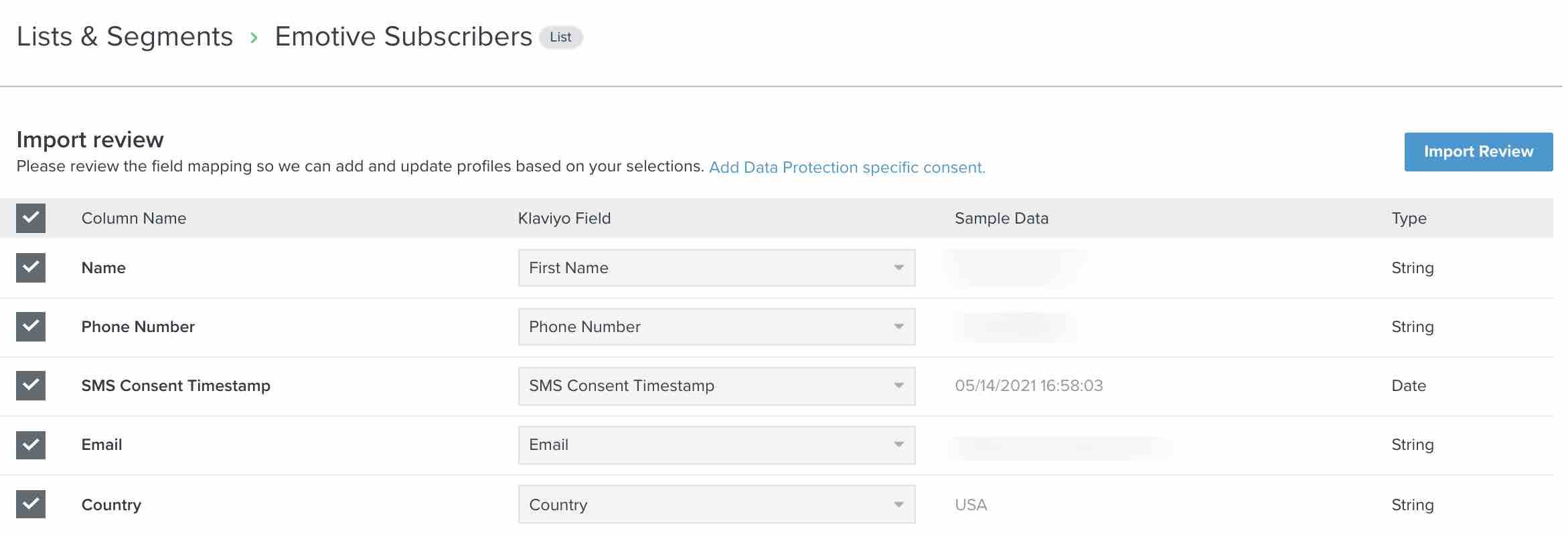 Import review for Emotive subscribers with fully mapped fields and import review in upper right