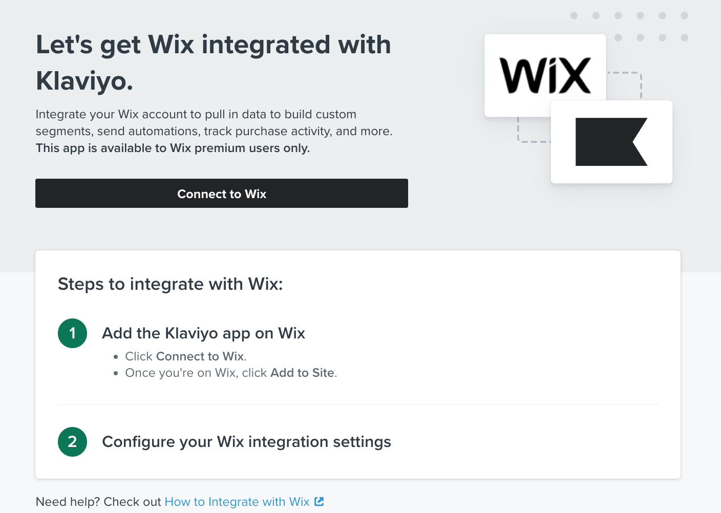 Pagina in Klaviyo Integriamo Wix con Klaviyo con Connetti a Wix con sfondo nero